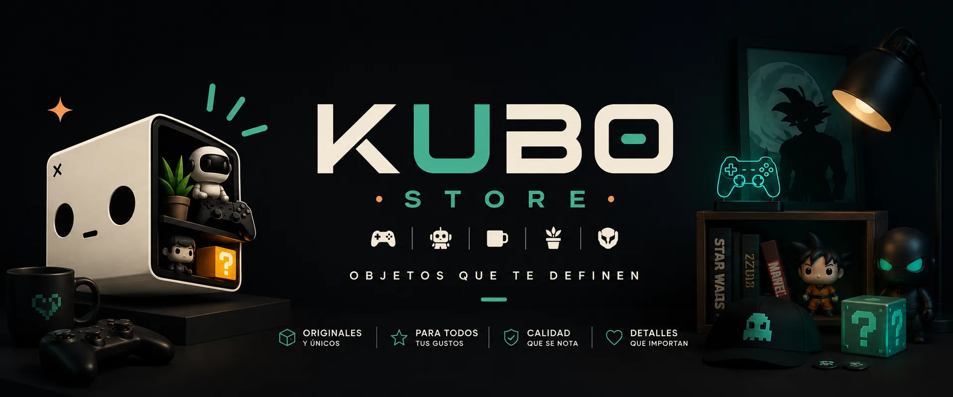 Estante Kubo con figuras coleccionables, lámpara neón, taza y control, iluminado en tonos verde menta